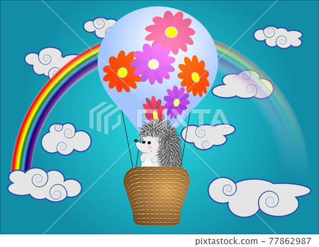 A cute little hedgehog flies into cartoons, a large bulky balloon with a basket in the sky amidst white clouds and a rainbow. Flying, happiness, freedom A cute little hedgehog flies into cartoons, a large bulky balloon with a basket in the sky amidst white clouds and a rainbow. Flying, happiness, freedom 77862987