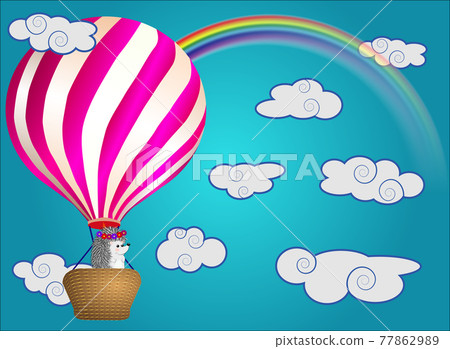 A cute little hedgehog flies into cartoons, a large bulky balloon with a basket in the sky amidst white clouds A cute little hedgehog flies into cartoons, a large bulky balloon with a basket in the sky amidst white clouds 77862989