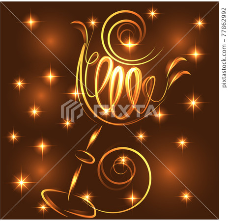 Golden elegant outline of a glass with a drink, with neon lights in golden tones 77862992