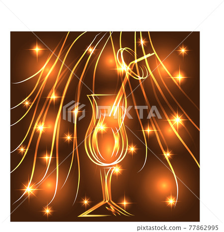 Golden elegant outline of a glass with a drink, with neon lights Golden elegant outline of a glass with a drink, with neon lights 77862995