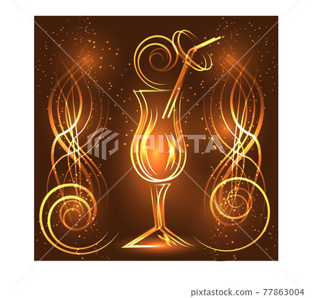 Golden elegant outline of a glass with a drink, with neon lights in golden tones Golden elegant outline of a glass with a drink, with neon lights in golden tones 77863004