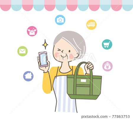 在她的智能手機上在線購物的資深女性 在她的智能手機上在線購物的資深女性 77863753