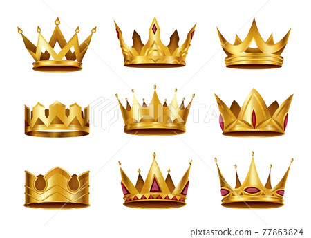 Collection of realistic golden crowns. Crowning headdress for king or queen. Royal noble aristocrat monarchy symbols. Monarch heraldic decorations 77863824