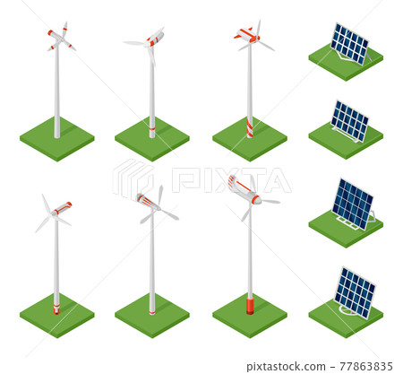 Isometric solar panels and wind turbines. Concept of clean energy. Clean ecological power. Eco renewable electric energy from sun and wind. Icon for web. Solar cell and windmills Isometric solar panels and wind turbines. Concept of clean energy. Clean ecological power. Eco renewable electric energy from sun and wind. Icon for web. Solar cell and windmills 77863835