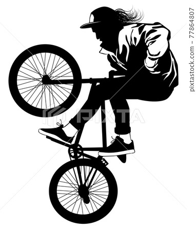 Silhouette of a cyclist performing a stunt on a bicycle Silhouette of a cyclist performing a stunt on a bicycle 77864807