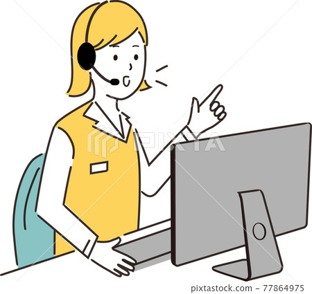 Illustration of a simple touch of a woman who looks at the screen and talks with a smile Illustration of a simple touch of a woman who looks at the screen and talks with a smile 77864975