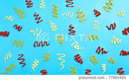 Ketchup mayonnaise and mustard pattern on light blue background 77865485