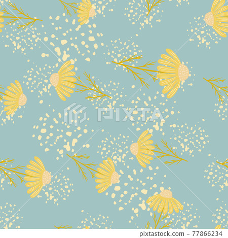 Hand drawn random yellow daisy flowers seamless pattern. Blue background with splashes. Vintage style. Hand drawn random yellow daisy flowers seamless pattern. Blue background with splashes. Vintage style. 77866234