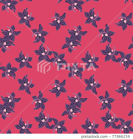 Navy blue random orchid flowers seamless pattern in tropic style. Pink bright background. Doodle style. 77866259