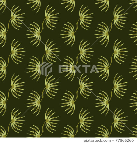 Nature doodle seamless pattern with olive little tropic bush silhouettes. Dark green background. Simple style. 77866260