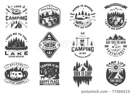 Set of camping badges. Vector. Concept for shirt or logo, print, stamp or tee. Vintage typography design with quad bike, tent, mountain, camper trailer and forest silhouette. Set of camping badges. Vector. Concept for shirt or logo, print, stamp or tee. Vintage typography design with quad bike, tent, mountain, camper trailer and forest silhouette. 77866819