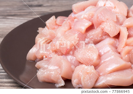 Pieces of fresh raw meat are placed on a plate for cooking. Recipe for cooking meat Pieces of fresh raw meat are placed on a plate for cooking. Recipe for cooking meat 77866945