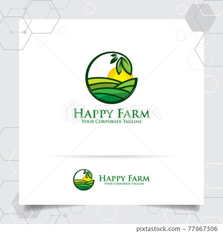Agriculture logo design with concept of leaves icon and plantation land vector. Green nature logo used for agricultural systems, farmer, and plantation products. 77867306