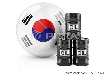 Oil barrels with South Korean flag. Oil production or trade in South Korea concept, 3D rendering 77867321