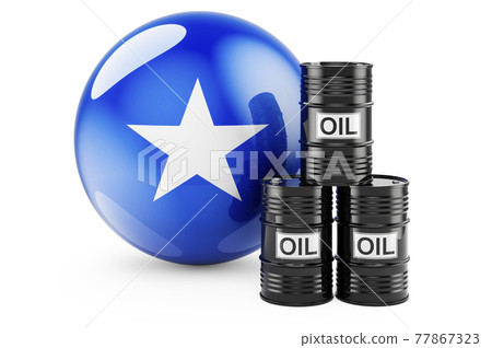 Oil barrels with Somali flag. Oil production or trade in Somalia concept, 3D rendering Oil barrels with Somali flag. Oil production or trade in Somalia concept, 3D rendering 77867323