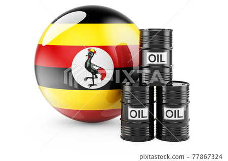 Oil barrels with Ugandan flag. Oil production or trade in Uganda concept, 3D rendering Oil barrels with Ugandan flag. Oil production or trade in Uganda concept, 3D rendering 77867324