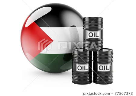 Oil barrels with Palestinian flag. Oil production or trade in Palestine concept, 3D rendering 77867378