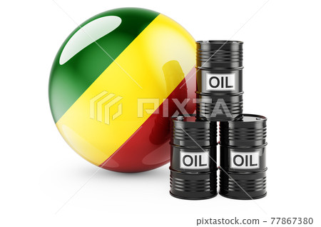 Oil barrels with Congolese flag. Oil production or trade in Congo concept, 3D rendering Oil barrels with Congolese flag. Oil production or trade in Congo concept, 3D rendering 77867380