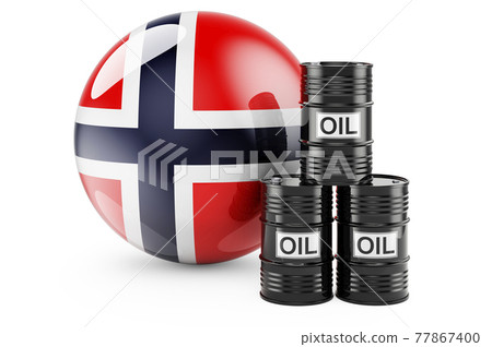 Oil barrels with Norwegian flag. Oil production or trade in Norway concept, 3D rendering Oil barrels with Norwegian flag. Oil production or trade in Norway concept, 3D rendering 77867400