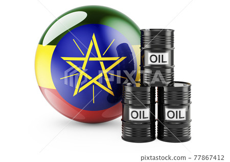 Oil barrels with Ethiopian flag. Oil production or trade in Ethiopia concept, 3D rendering 77867412