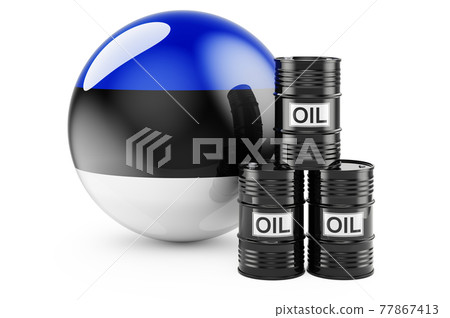 Oil barrels with Estonian flag. Oil production or trade in Estonia concept, 3D rendering 77867413