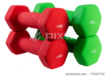 two pairs of colored dumbbells in a coating, on a white background two pairs of colored dumbbells in a coating, on a white background 77867749