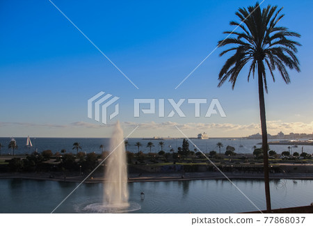 Beautiful image of seascape of Palma de Mallorca. Stunning seascape. Travel and vacation. Amazing marine view, water, sky, fountain, palm tree background. Beautiful image of seascape of Palma de Mallorca. Stunning seascape. Travel and vacation. Amazing marine view, water, sky, fountain, palm tree background. 77868037