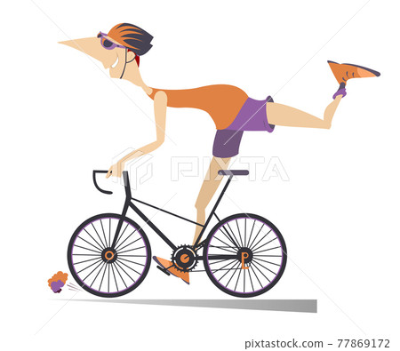 Comic young man rides a bike illustration. Smiling man in helmet and sunglasses rides a bike and looks healthy and happy isolated on white Comic young man rides a bike illustration. Smiling man in helmet and sunglasses rides a bike and looks healthy and happy isolated on white 77869172