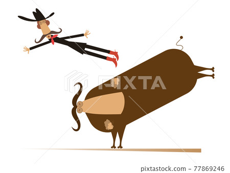 Man or cowboy falls from the bull illustration. Comic man or cowboy in Stetson hat falls from the bull isolated on white 77869246