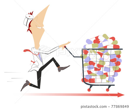 Hurry doctor with a trolley full of pills illustration. Cheerfulness doctor with a trolley full of pills isolated on white 77869849