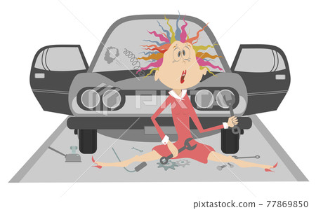 Sad young woman and broken car illustration.  Upset woman with wrenches in the hands sits near a broken the car isolated on white 77869850