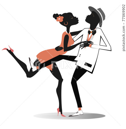 Romantic dancing young African couple illustration. Funny dancing young African man and woman isolated on white Romantic dancing young African couple illustration. Funny dancing young African man and woman isolated on white 77869902