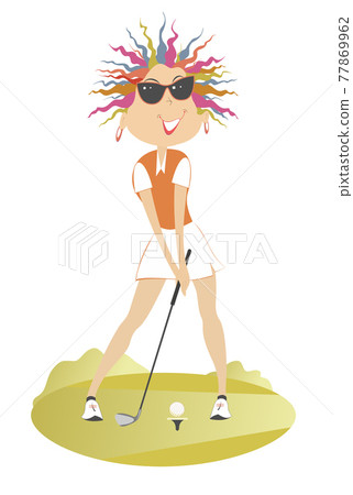 Young woman a golfer on the golf course illustration. Cartoon golfer woman in sunglasses aiming to do a good kick from the stand isolated on white Young woman a golfer on the golf course illustration. Cartoon golfer woman in sunglasses aiming to do a good kick from the stand isolated on white 77869962
