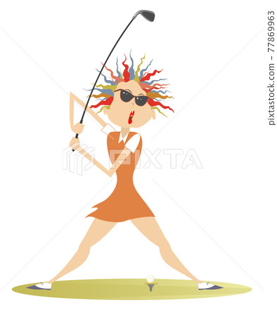Young woman a golfer on the golf course illustration. Cartoon golfer woman in sunglasses aiming to do a good kick from the stand isolated on white Young woman a golfer on the golf course illustration. Cartoon golfer woman in sunglasses aiming to do a good kick from the stand isolated on white 77869963