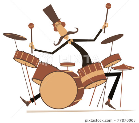 Funny mustache drummer isolated illustration. Mustache man in the top hat plays on drum kit isolated on white illustration Funny mustache drummer isolated illustration. Mustache man in the top hat plays on drum kit isolated on white illustration 77870003