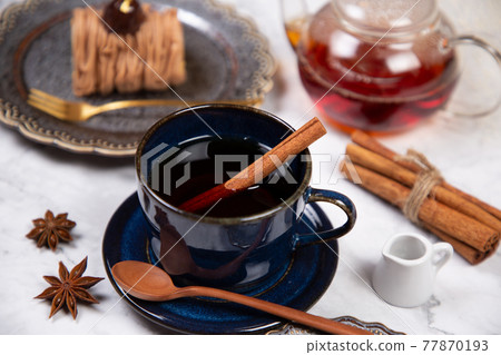 Image of tea and Mont Blanc cake 77870193