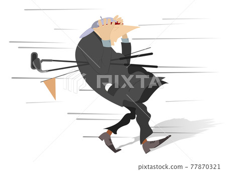 Bad weather for playing golf. Man with golf clubs catching a baseball cap from the wind 77870321