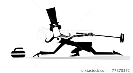 Mustache man in the top hat plays curling isolated illustration. Mustache gentleman in the top hat with curling brush pushes a stone towards the target black on white Mustache man in the top hat plays curling isolated illustration. Mustache gentleman in the top hat with curling brush pushes a stone towards the target black on white 77870372