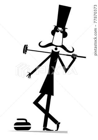 Mustache man in the top hat plays curling isolated illustration. Mustache gentleman in the top hat with curling brush and stone black on white  77870373