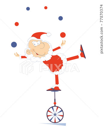 Equilibrist Santa Claus on the unicycle juggles the balls illustration. Funny Santa Claus balances on the unicycle and juggles the balls isolated on white Equilibrist Santa Claus on the unicycle juggles the balls illustration. Funny Santa Claus balances on the unicycle and juggles the balls isolated on white 77870374