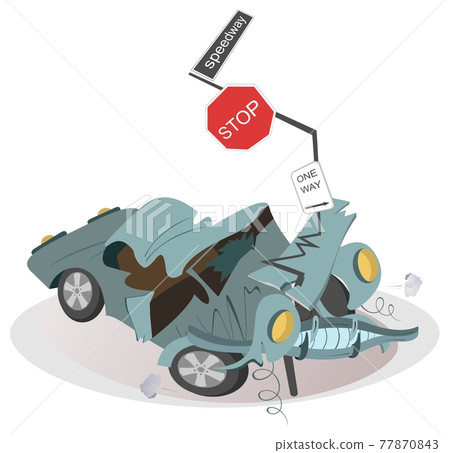 Car crash and road signs illustration. Car crashed into a road signs isolated illustration Car crash and road signs illustration. Car crashed into a road signs isolated illustration 77870843