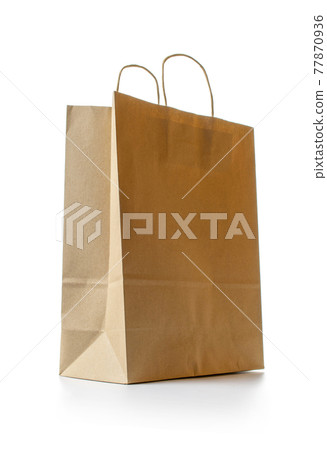 Old paper bag. Brown package with kraft recycle texture, empty blank space for design mockup isolated on white background. Delivery service concept. Copy space. Advertising area. 77870936