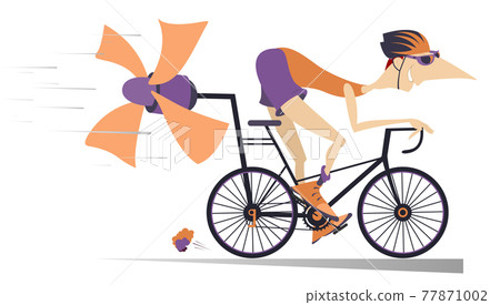 Cartoon man rides a bike isolated. Smiling man in helmet on the bike tries to ride faster using a propeller  77871002