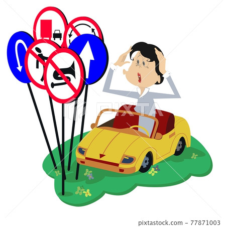 Puzzled young woman a driver isolated illustration. Funny young woman in the car puts hands on the head and looks at the road signs  77871003