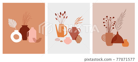 Abstract bohemian art aesthetic design. Arrangements of pottery and ceramic pots, vases with dry Abstract bohemian art aesthetic design. Arrangements of pottery and ceramic pots, vases with dry 77871577