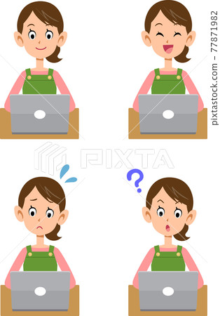 A woman wearing an apron operating a laptop - Stock Illustration ...