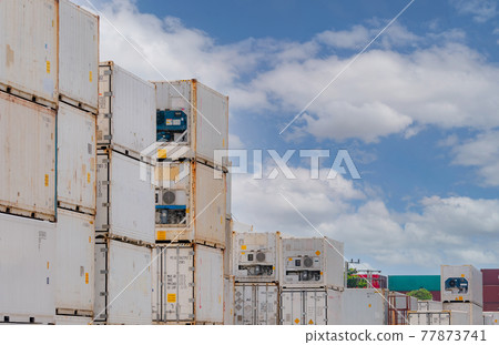 Container logistic. Reefer for shipping frozen food. Refrigerated container for export logistics. Freight transport. Logistic industry. Container for truck transport. Container crisis. Refrigerator. 77873741