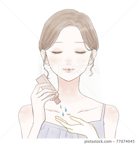 Woman picking up skin care oil Woman picking up skin care oil 77874045