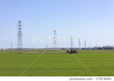 Power transmission tower standing on farmland 77874664