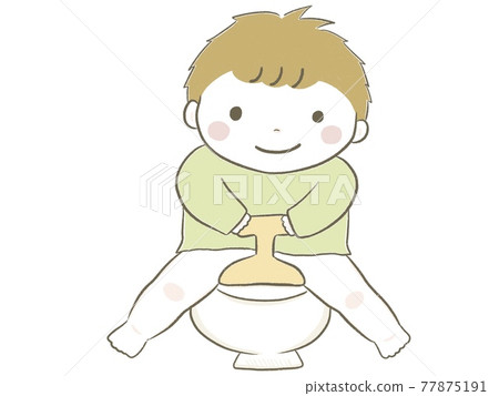 A cute boy sitting in a pot and smiling at a toy train 77875191